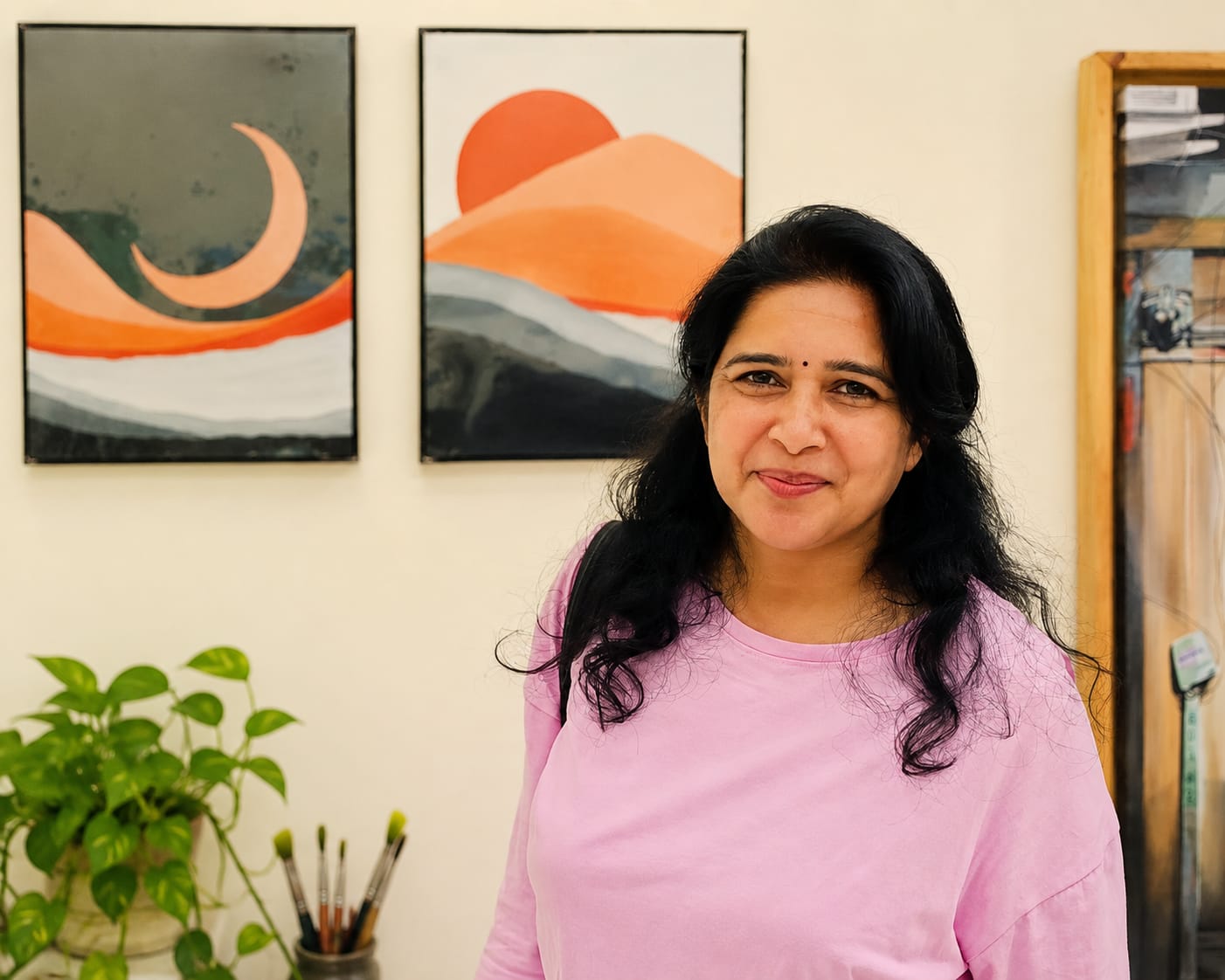 Sindhu Suresh, artist and founder of Scenicc Art Studio, in her studio with her paintings