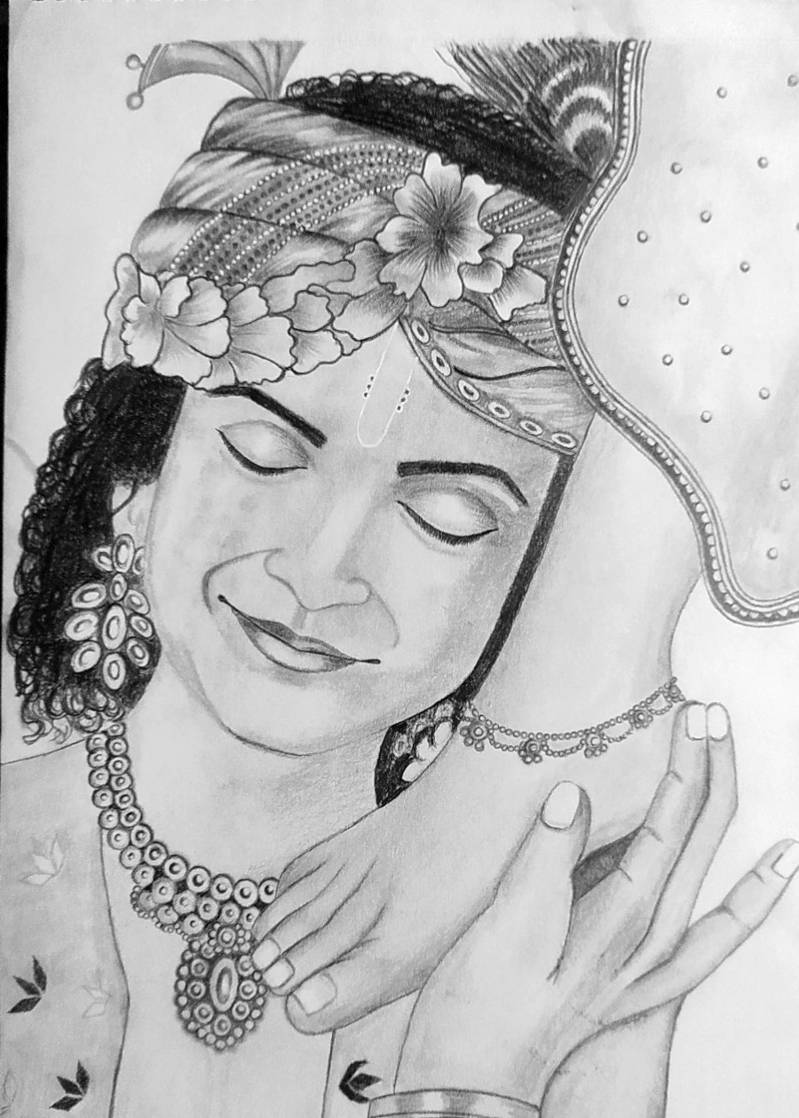Lord Krishna - Pencil sketch (view 2) — medium - graphite pencil on paper, size - a3 by Sindhu Suresh