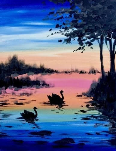 Serene Lake at Dusk – Poster colour Painting — poster colour on paper by Sindhu Suresh
